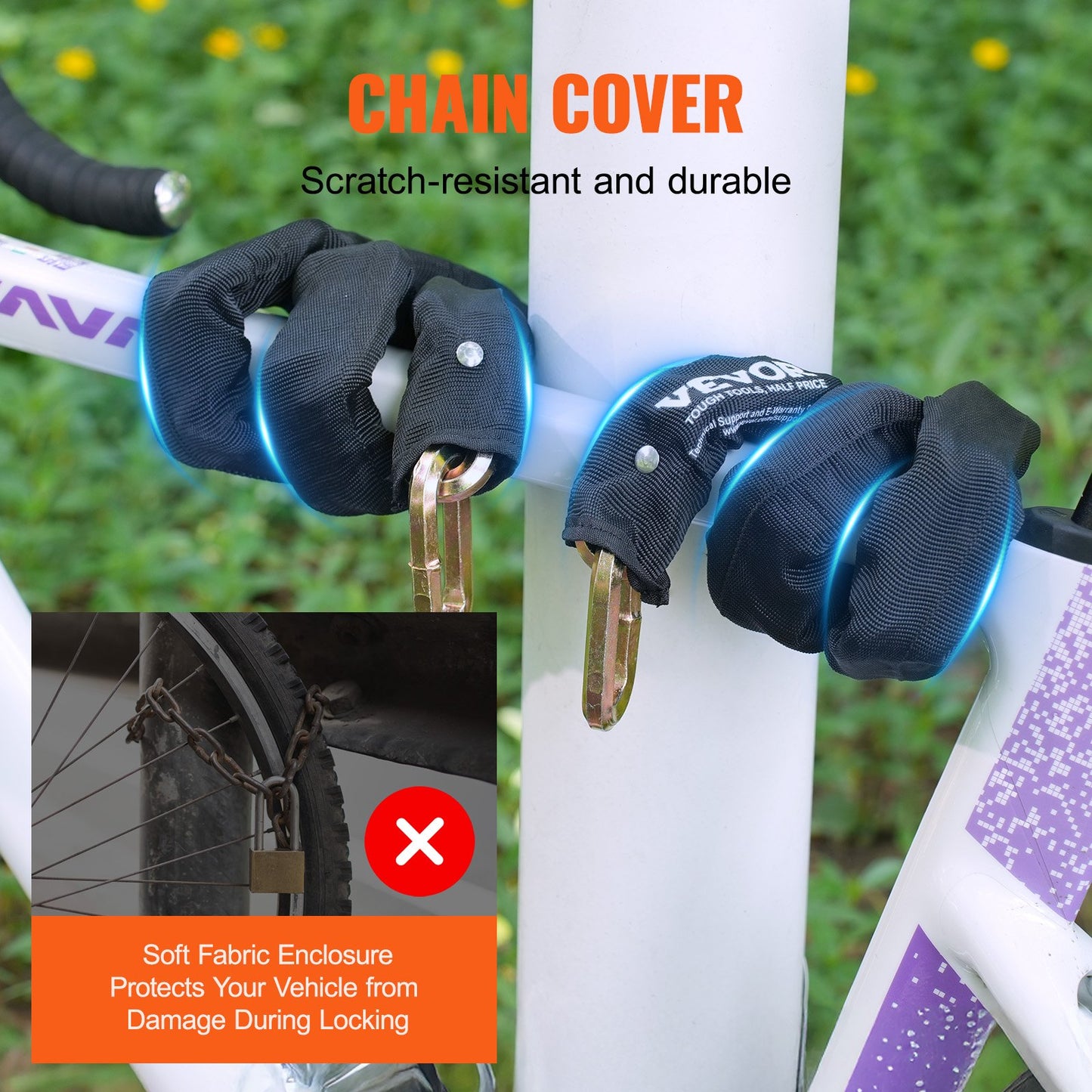 Cykelkedjelås, 1,7 m säkerhetscykelkedjelås, kraftiga metallstål stöldskyddslås med hög säkerhet, perfekt för cykel, motorcykel, skoter, dörr, staket, grind, 9,5 mm, svart
