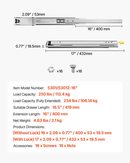 1 par lådskenor med full utdragbar låda 16 18 20 24 30 35 38 59 32 36 40 48 60 tum, 250 lbs lastkapacitet Låsbara lådskenor, kullager med låsbar sidomonterad lådskena