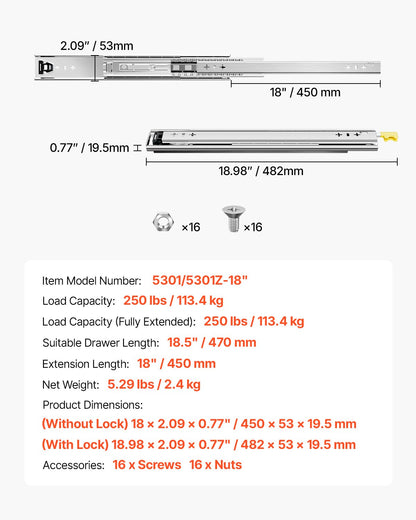 1 par lådskenor med full utdragbar låda 16 18 20 24 30 35 38 59 32 36 40 48 60 tum, 250 lbs lastkapacitet Låsbara lådskenor, kullager med låsbar sidomonterad lådskena