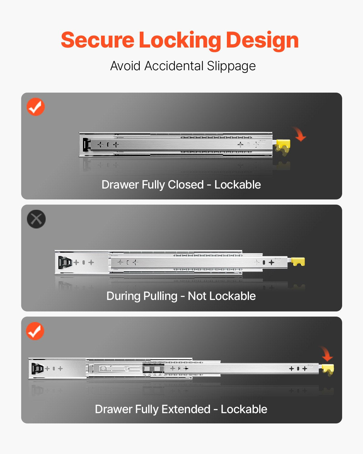 1 par lådskenor med full utdragbar låda 16 18 20 24 30 35 37,4 59 24 32 36 40 48 60 tum, 250 lbs lastkapacitet Låsbara lådskenor, kullager med låsbar sidomonterad lådskena