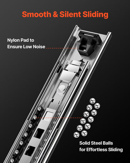 1 par lådskenor med full utdragbar låda 16 18 20 24 30 35 37,4 59 24 32 36 40 48 60 tum, 250 lbs lastkapacitet Låsbara lådskenor, kullager med låsbar sidomonterad lådskena