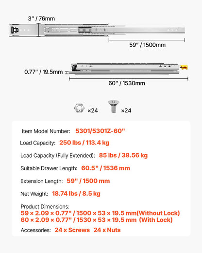 1 par lådskenor med full utdragbar låda 16 18 20 24 30 35 37,4 59 24 32 36 40 48 60 tum, 250 lbs lastkapacitet Låsbara lådskenor, kullager med låsbar sidomonterad lådskena