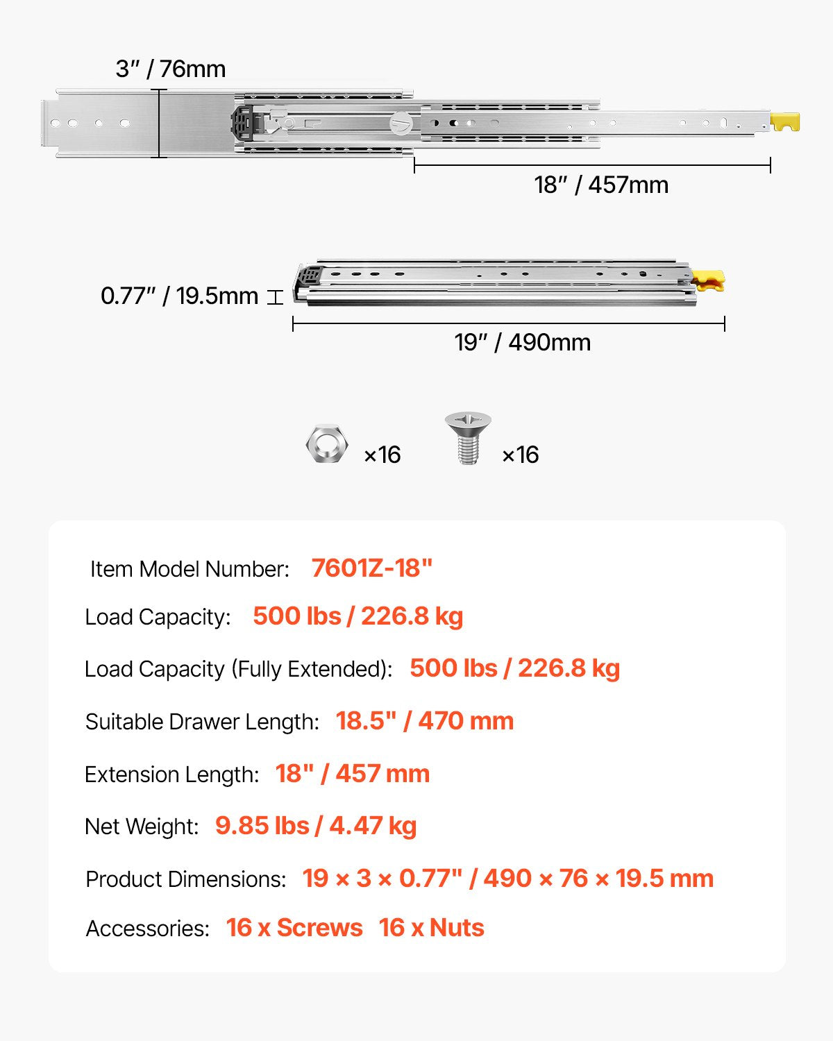 1 par lådskenor med full utdragbar låda 18 20 22 28 30 32 36 38 40 44 48 52 56 60 tum, 500 lbs lastkapacitet Låsbara lådskenor, kullager med låsbar sidomonterad lådskena