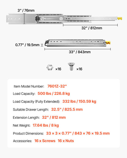 1 Pair Full Extension Drawer Slides 18 20 22 28 30 32 36 38 40 44 48 52 56 60 in, 500 lbs Load Capacity Locking Drawer Slides, Ball Bearing with Lock Side Mount Drawer Slide Rail