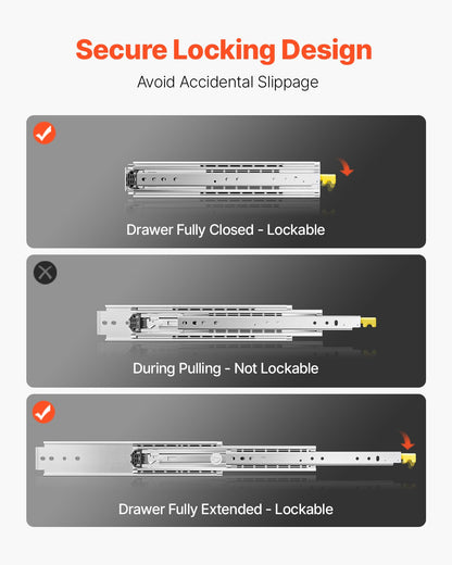 1 par lådskenor med full utdragbar låda 16 18 20 24 30 35 37,4 59 24 32 36 40 48 60 tum, 500 lbs lastkapacitet Låsbara lådskenor, kullager med låsbar sidomonterad lådskena