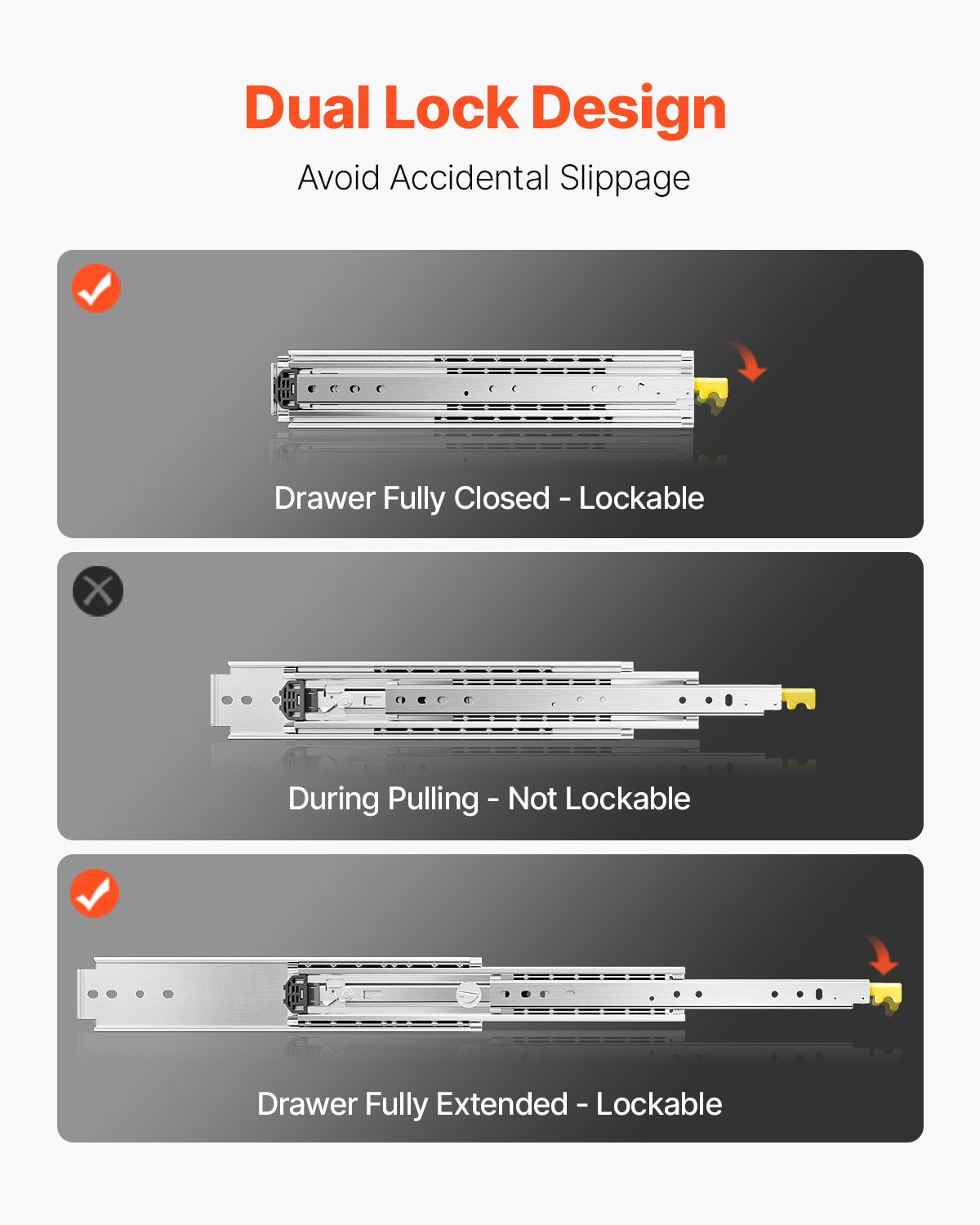 1 par lådskenor med full utdragbar låda 18 20 22 28 30 32 36 38 40 44 48 52 56 60 tum, 500 lbs lastkapacitet Låsbara lådskenor, kullager med låsbar sidomonterad lådskena