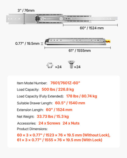 1 par lådskenor med full utdragbar låda 16 18 20 24 30 35 37,4 59 24 32 36 40 48 60 tum, 500 lbs lastkapacitet Låsbara lådskenor, kullager med låsbar sidomonterad lådskena