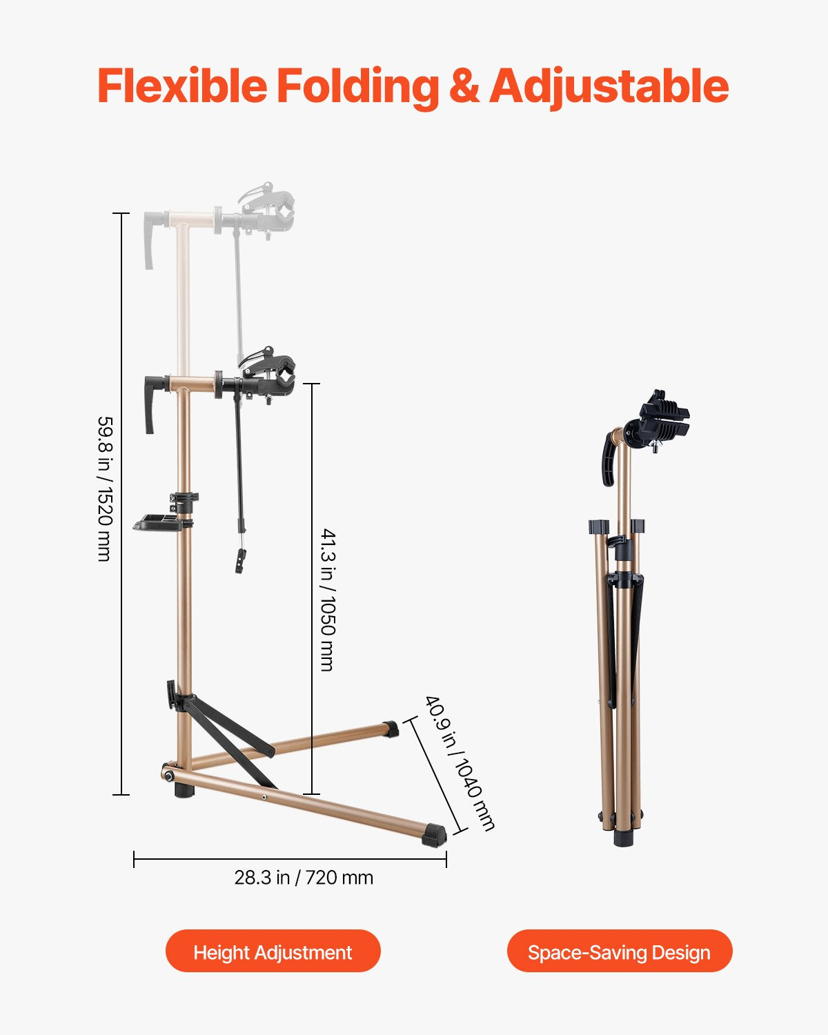 Cykelreparationsställ, 36 kg kraftigt cykelarbetsställ med 114-143 cm justerbar höjd och magnetisk verktygsbricka, hopfällbart cykelunderhållsställ, Shop Home Mechanics för mountainbike och racercyklar