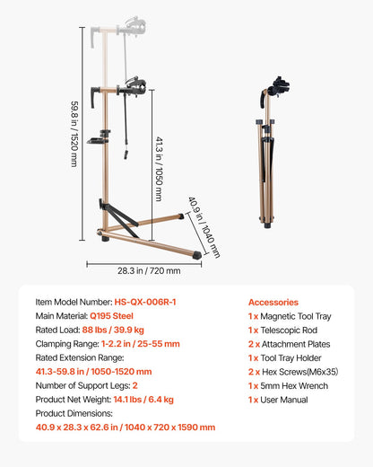 Cykelreparationsställ, 36 kg kraftigt cykelarbetsställ med 114-143 cm justerbar höjd och magnetisk verktygsbricka, hopfällbart cykelunderhållsställ, Shop Home Mechanics för mountainbike och racercyklar