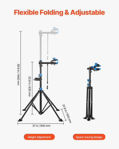 Cykelreparationsställ, 28 kg kraftigt cykelarbetsställ med 81–142 cm justerbar höjd och magnetisk verktygsbricka, hopfällbart cykelunderhållsställ, Shop Home Mechanics för mountainbike och racercyklar
