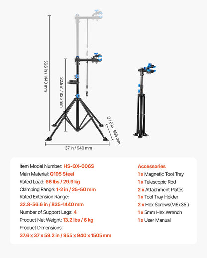Cykelreparationsställ, 28 kg kraftigt cykelarbetsställ med 81–142 cm justerbar höjd och magnetisk verktygsbricka, hopfällbart cykelunderhållsställ, Shop Home Mechanics för mountainbike och racercyklar