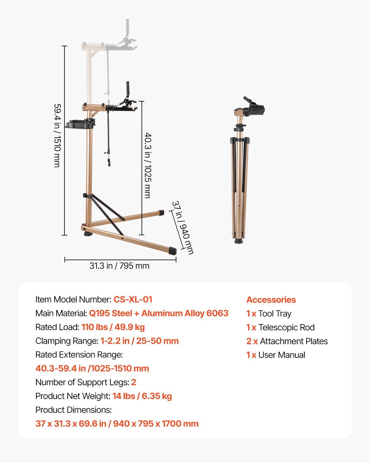 Cykelreparationsställ, max. 110 lb kraftigt cykelarbetsställ med 40,3-59,4 tum justerbar höjd och stor verktygslåda, hopfällbart elcykelunderhållsställ, Shop Home Mechanics för mountainbike och racercyklar