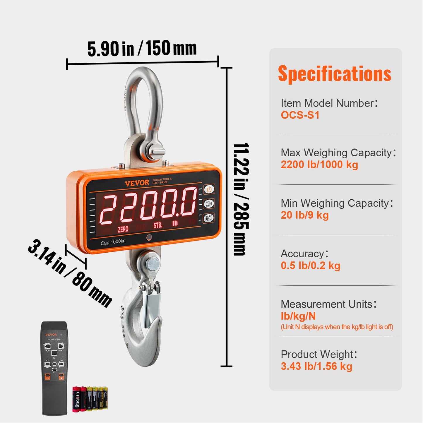 Digital kranvåg, 1000 kg, industriell kraftig hängvåg med fjärrkontroll, gjuten aluminiumhölje och LED-skärm, hög precision för bygg, fabrik, gård, jakt (orange)