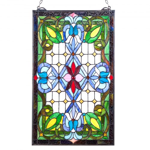 Fönsterpanel i målat glas, 433 x 731 mm, hängande överljuspanel i Tiffany-stil med kedja, stor vertikal rektangulär färgad glaspanel, traditionellt konsthantverk för köksinredning
