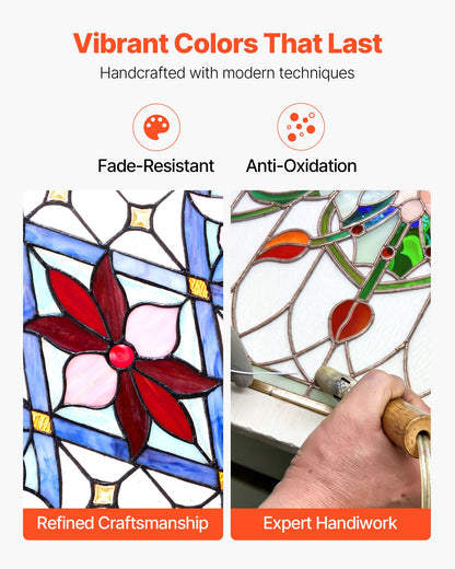 Fönsterpanel i målat glas, 433 x 731 mm, hängande överljuspanel i Tiffany-stil med kedja, stor vertikal rektangulär färgad glaspanel, traditionellt konsthantverk för köksinredning