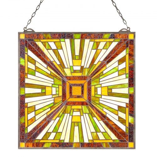 Stained Glass Window Panel, 501 x 527 mm, Tiffany Style Hanging Transom Window Panel with Chain, Large Vertical Rectangle Stain Glass, Vintage Traditional Art Handcrafts for Kitchen Home Decor