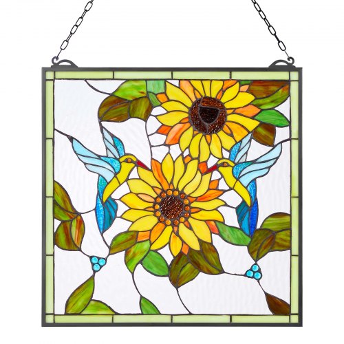 Stained Glass Window Panel, 502 x 520 mm, Tiffany Style Hanging Transom Window Panel with Chain, Large Vertical Rectangle Stain Glass, Vintage Traditional Art Handcrafts for Kitchen Home Decor