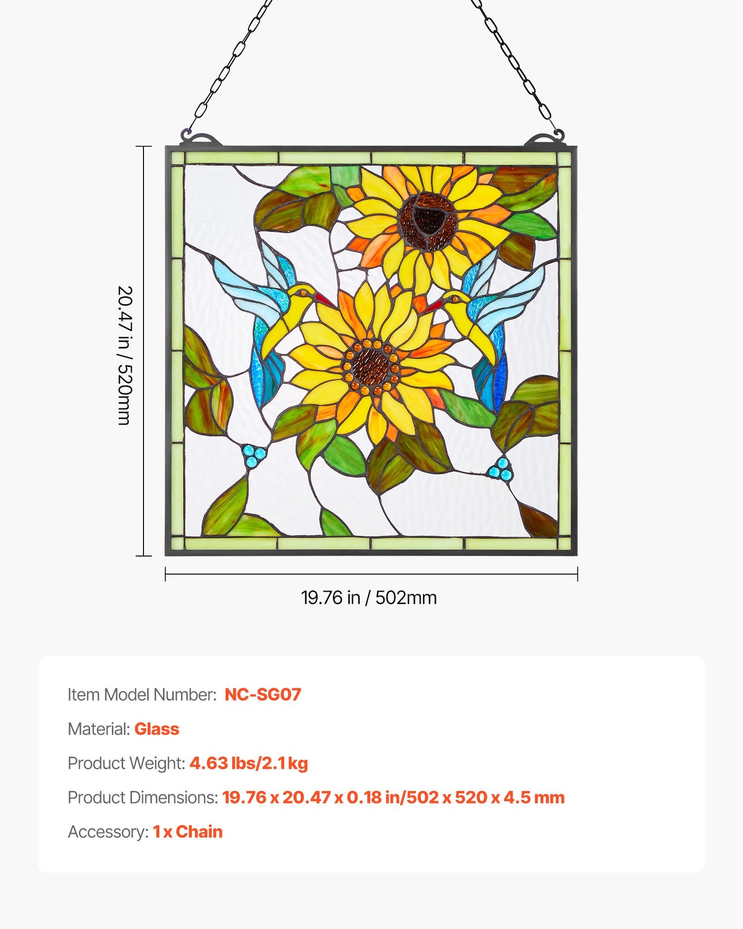 Stained Glass Window Panel, 502 x 520 mm, Tiffany Style Hanging Transom Window Panel with Chain, Large Vertical Rectangle Stain Glass, Vintage Traditional Art Handcrafts for Kitchen Home Decor