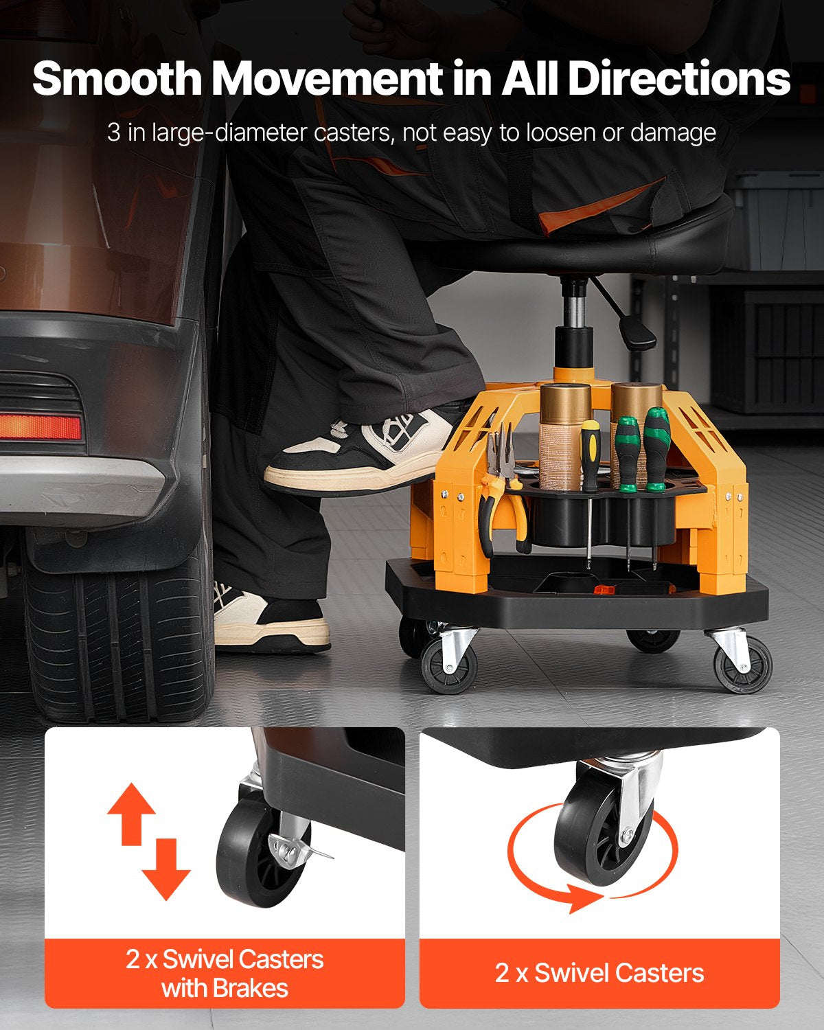 Rullande verkstadspall, kraftig pneumatisk garagestol med kapacitet på 136 kg, justerbar höjd med krypstol, 360° vridbar vadderad verkstadspall med hjul, för garage, verkstad och bilreparationer