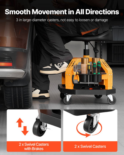 Rullande verkstadspall, kraftig pneumatisk garagestol med kapacitet på 136 kg, justerbar höjd med krypstol, 360° vridbar vadderad verkstadspall med hjul, för garage, verkstad och bilreparationer