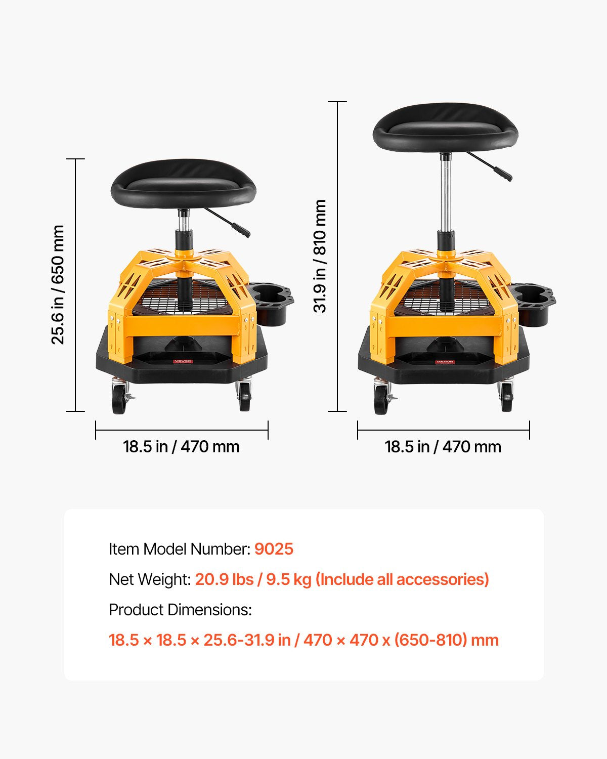 Rullande verkstadspall, kraftig pneumatisk garagestol med kapacitet på 136 kg, justerbar höjd med krypstol, 360° vridbar vadderad verkstadspall med hjul, för garage, verkstad och bilreparationer
