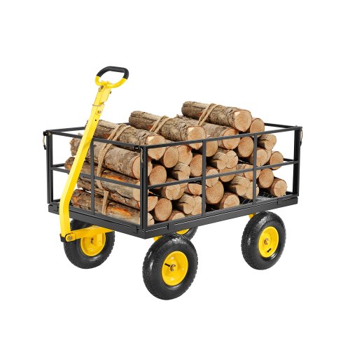 1400 kg stålträdgårdsvagn, kraftig utdragbar trädgårdsvagn, 2-i-1 utomhusmetallvagn med 13-tums terrängdäck, avtagbara nätsidor och 180° roterande handtag