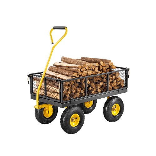 225 kg stålträdgårdsvagn, kraftig trädgårdsvagn, dragbar på hjul, metallträdgårdsvagnar med 25 cm terrängdäck, avtagbara nätsidor och 180° roterande handtag