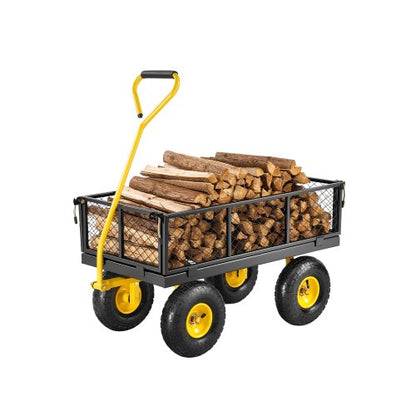 225 kg stålträdgårdsvagn, kraftig trädgårdsvagn, dragbar på hjul, metallträdgårdsvagnar med 25 cm terrängdäck, avtagbara nätsidor och 180° roterande handtag