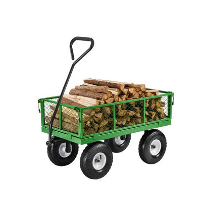 340 kg stålträdgårdsvagn på hjul, kraftig trädgårdsvagn, utdragbar, metall utomhusvagnar med 25 cm däck, avtagbara nätsidor och 180° roterande handtag