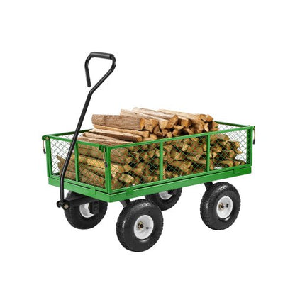 900 kg stålträdgårdsvagn på hjul, kraftig utdragbar trädgårdsvagn, utomhusvagn i metall med 10-tumsdäck och avtagbara nätsidor (kan omvandlas till flak) och 180° roterande handtag