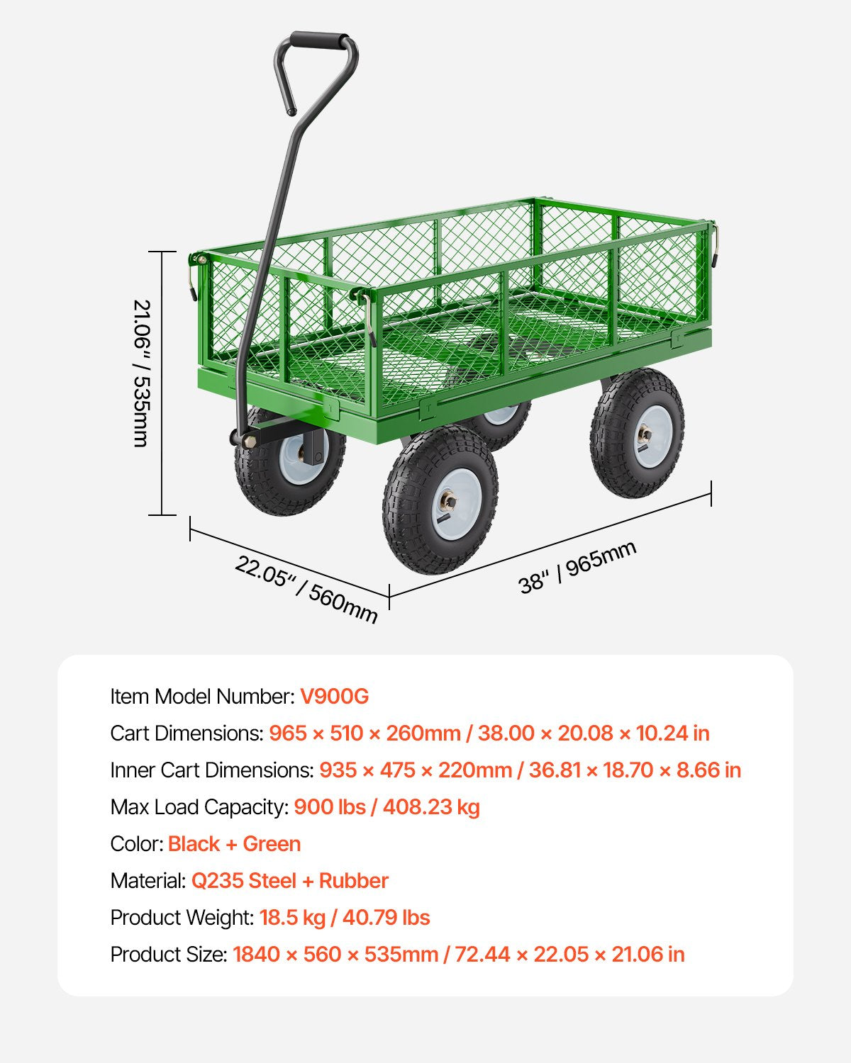 900 kg stålträdgårdsvagn på hjul, kraftig utdragbar trädgårdsvagn, utomhusvagn i metall med 10-tumsdäck och avtagbara nätsidor (kan omvandlas till flak) och 180° roterande handtag