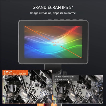 Ledad boroskopkamera med ljus, tvåvägs ledad endoskopinspektionskamera med 6,4 mm liten lins, 5" IPS 1080P HD-skärm, 8X zoom, kamera med 8 LED-ljus för bil, VVS (1,4 m)