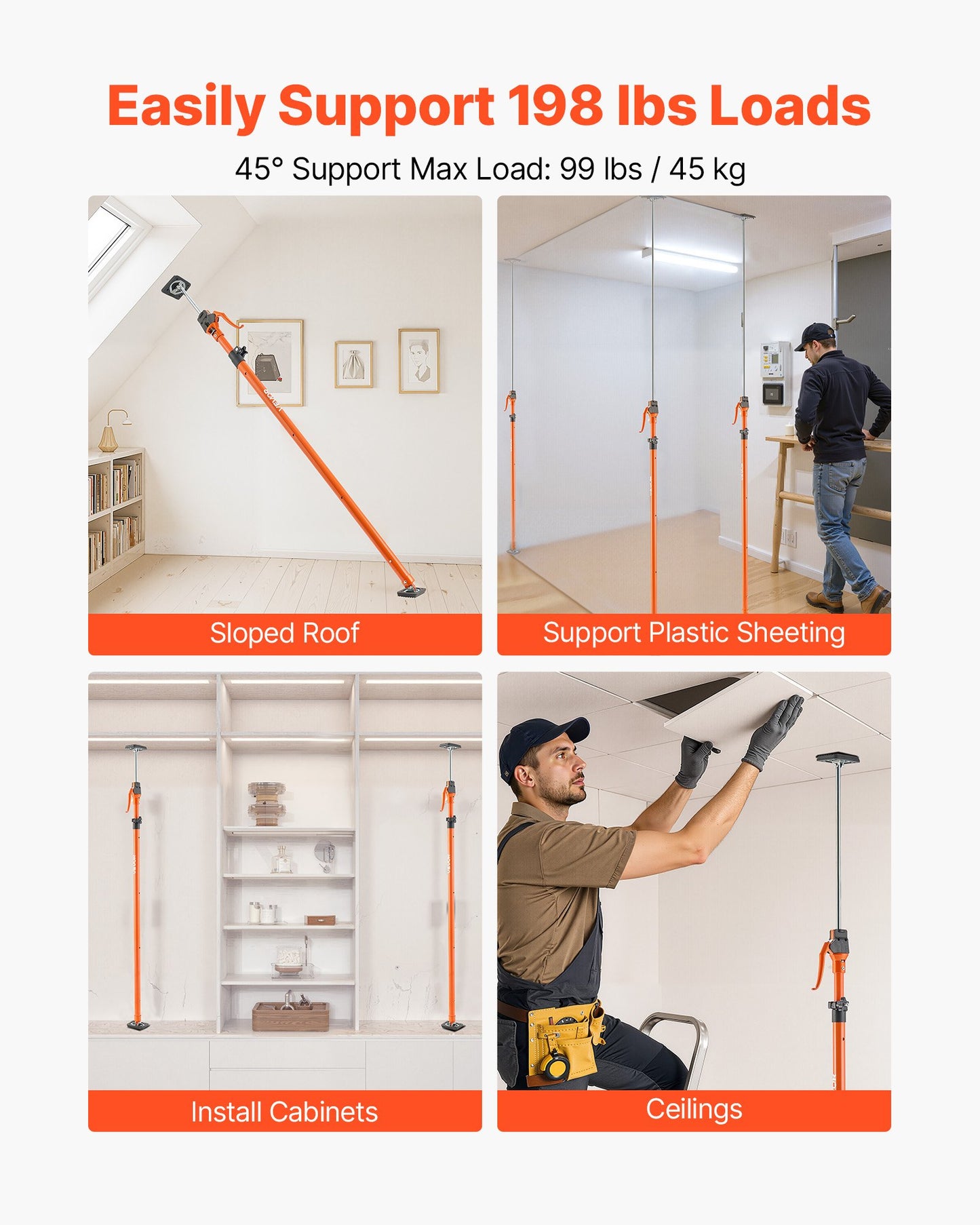 Cabinet Jack Support Pole, 4-Pack, 125-291 cm Steel Telescopic Quick Support Rod, Adjustable 3rd Hand System up to 90 kg Capacity for Installing Cabinets, Lifting Drywall, Cargo Bars