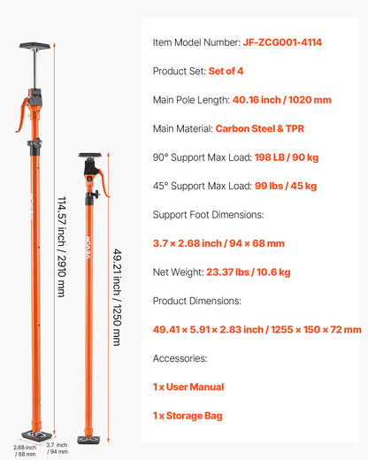 Cabinet Jack Support Pole, 4-Pack, 125-291 cm Steel Telescopic Quick Support Rod, Adjustable 3rd Hand System up to 90 kg Capacity for Installing Cabinets, Lifting Drywall, Cargo Bars