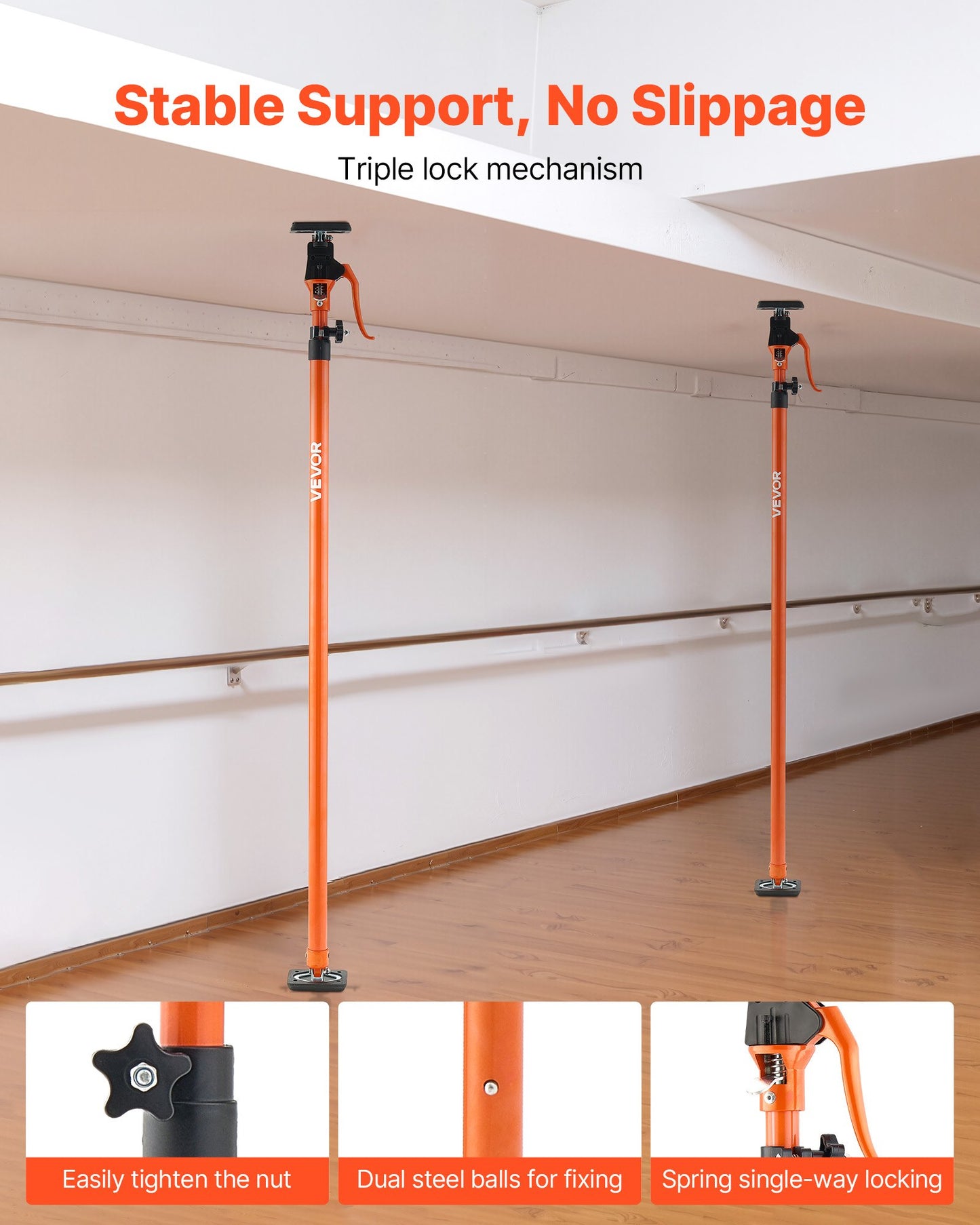 Cabinet Jack Support Pole, 2-Pack, 125-291 cm Steel Telescopic Quick Support Rod, Adjustable 3rd Hand System up to 90 kg Capacity for Installing Cabinets, Lifting Drywall, Cargo Bars