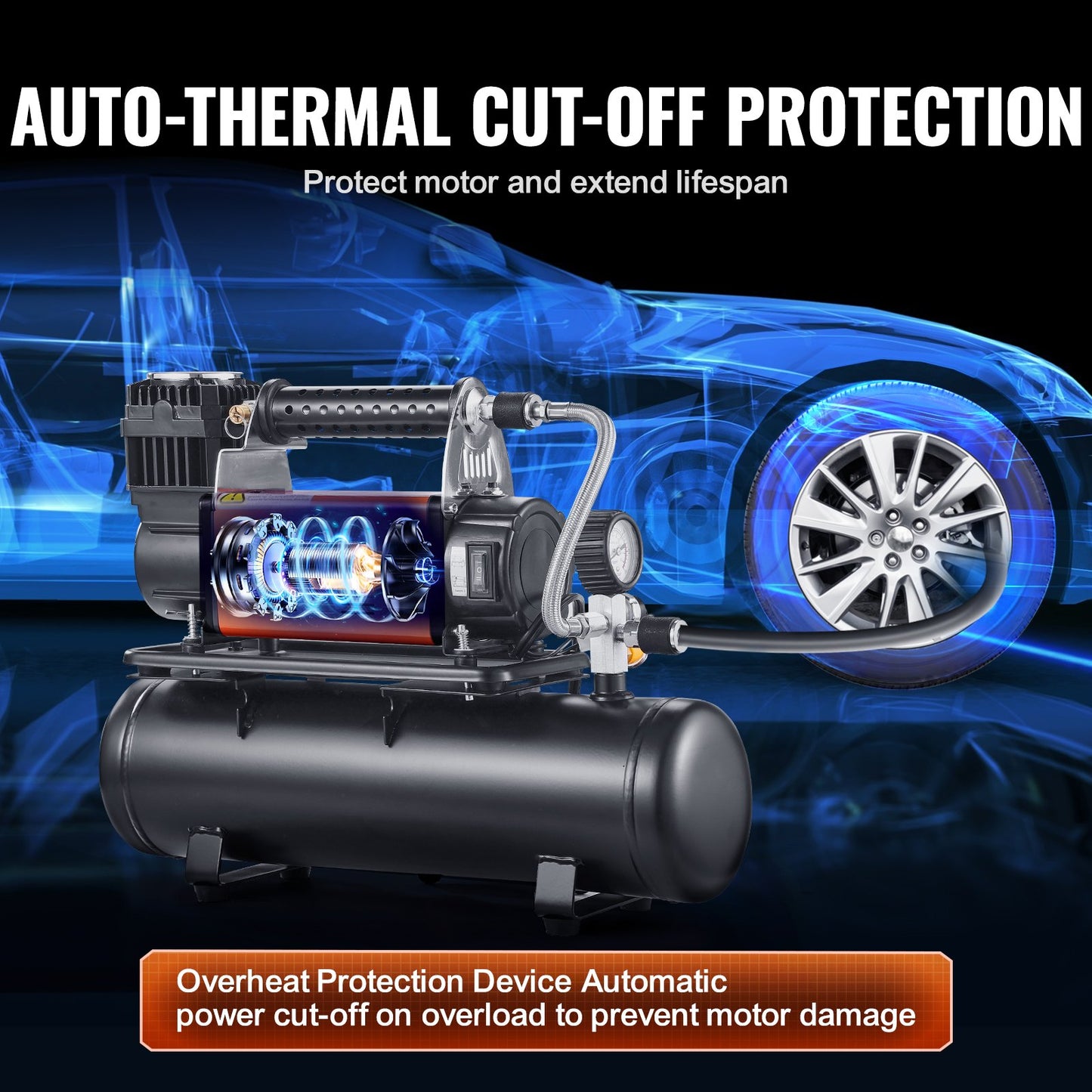 12V kraftig luftkompressor med 6L tanksats, 6.35 CFM bärbar däckpump, 150PSI terrängluftkompressor med digital tryckmätare däckpump för lastbilar, bilar, SUV, 4x4, husbilar