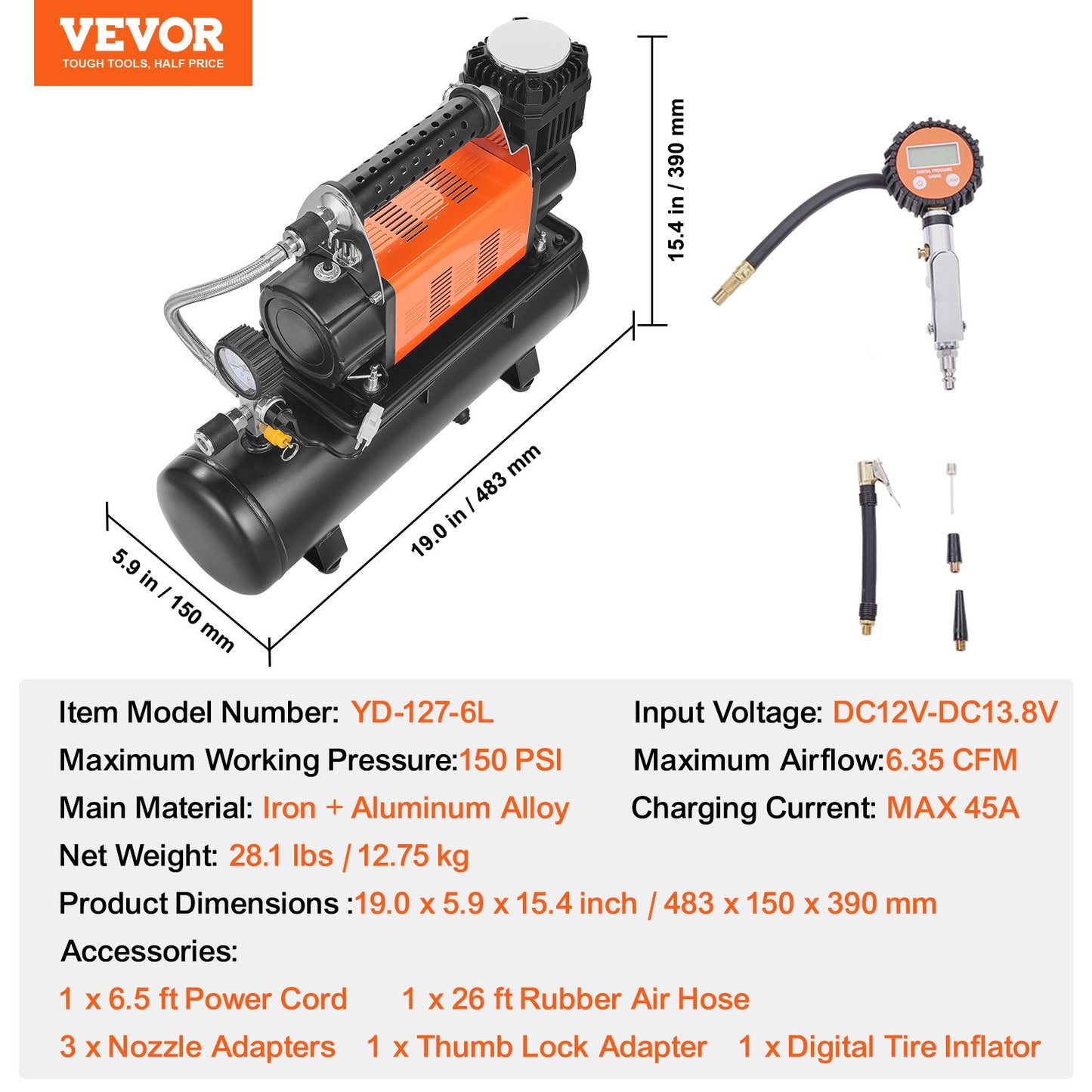 12V kraftig luftkompressor med 6L tanksats, 6.35 CFM bärbar däckpump, 150PSI terrängluftkompressor med digital tryckmätare däckpump för lastbilar, bilar, SUV, 4x4, husbilar