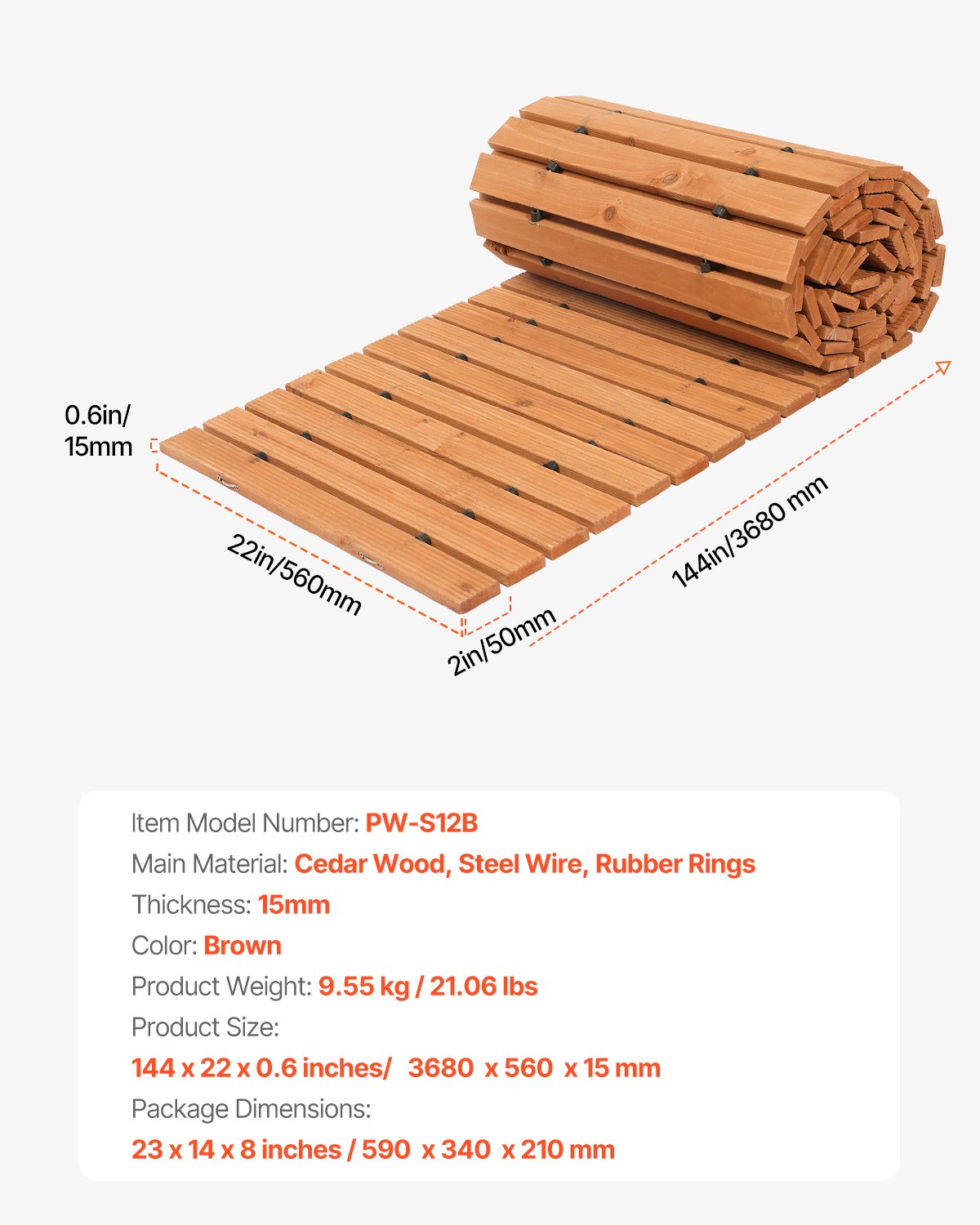 Wooden Garden Pathway, 12 ft L x 22 in W, Non-Slip Straight Garden Walkway, Roll Out Cedar Outdoor Walkway Path with Wire Rope Connection, Decorative Garden Paver for Backyard Wedding Party