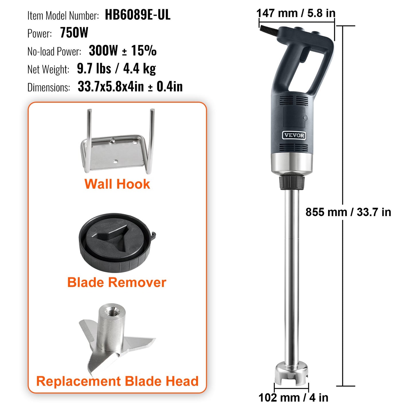 Kommersiell stavmixer, 750 watt kraftig handmixer, köksstavsmixer med variabel hastighet och kniv i 304 rostfritt stål, bärbar multifunktionell mixer för soppa, smoothie, puré, barnmat