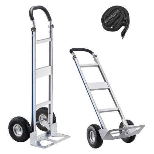 Handkärra, 226,9 kg lastkapacitet, kraftig handkärra med halkfria hjul och handtag, bärbar vagn i aluminiumlegering med surrband för flytt av hem, kontor, lager