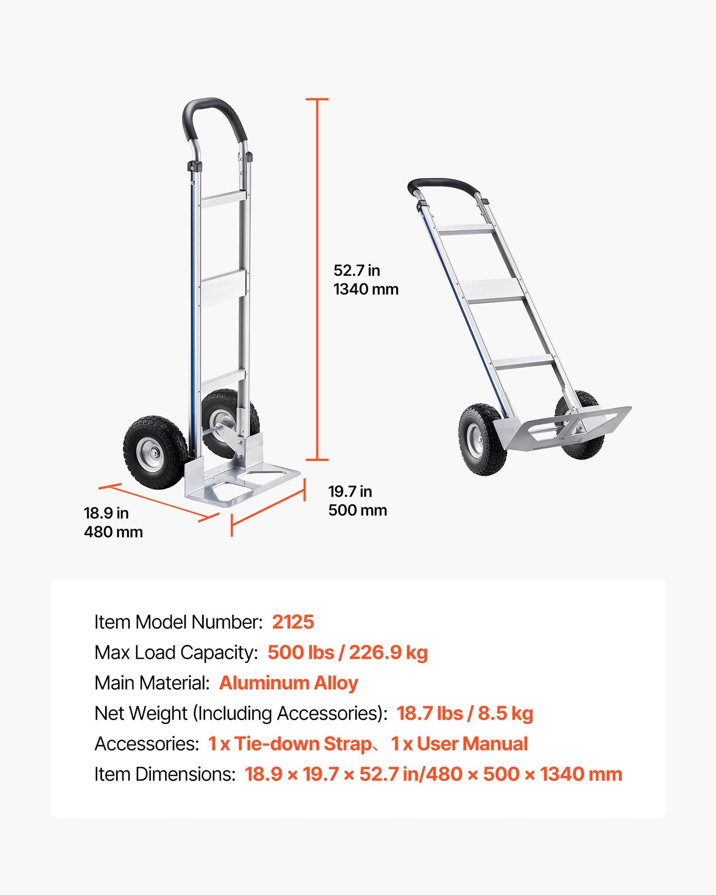Handkärra, 226,9 kg lastkapacitet, kraftig handkärra med halkfria hjul och handtag, bärbar vagn i aluminiumlegering med surrband för flytt av hem, kontor, lager