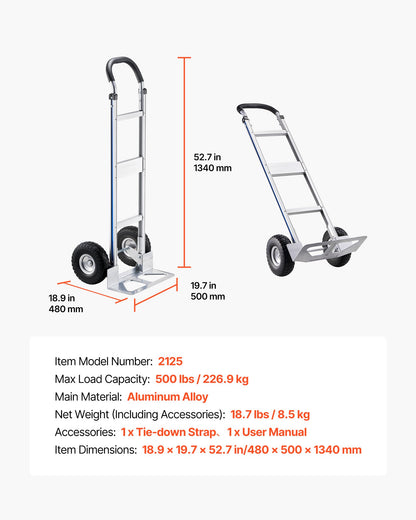Handkärra, 226,9 kg lastkapacitet, kraftig handkärra med halkfria hjul och handtag, bärbar vagn i aluminiumlegering med surrband för flytt av hem, kontor, lager