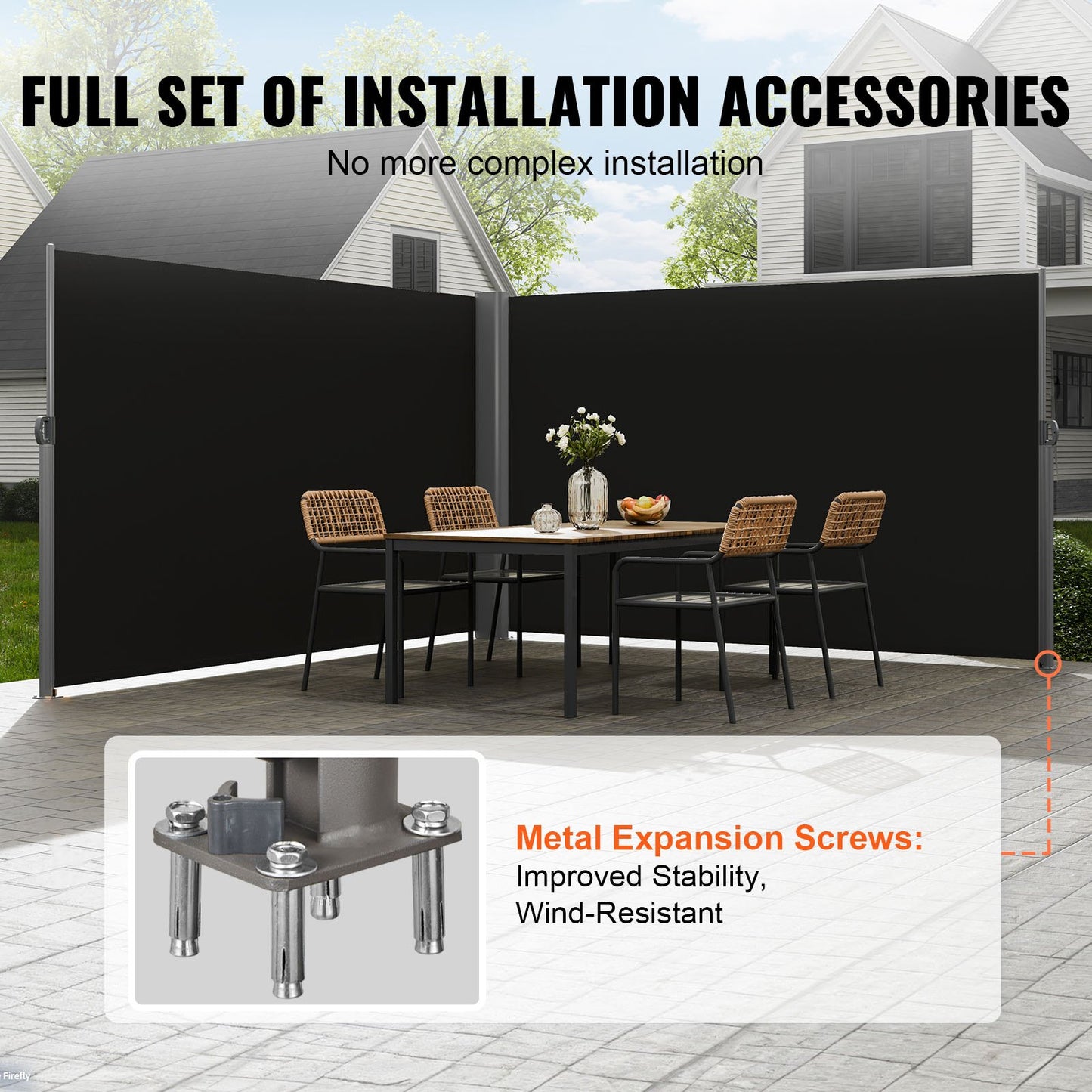 Utfällbar sidomarkis, 71''x 236'' aluminium utomhusskärm, 280g polyester vattentät utfällbar terrassskärm, UV 30+ rumsavdelare vindskärm för uteplats, bakgård, balkong, svart