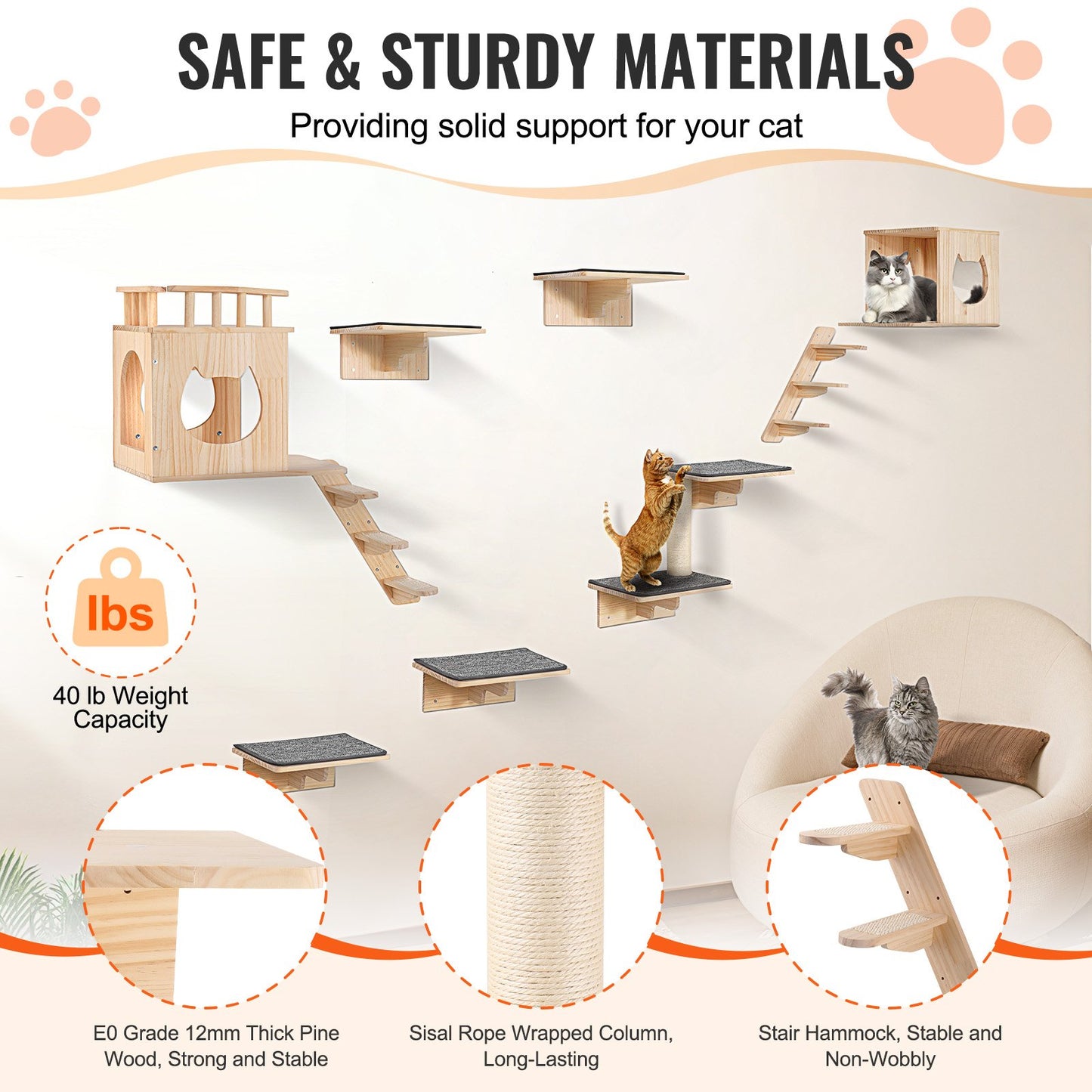Wall Mounted Cat Shelves, Cat Wall Shelves and Perches with Jumping Boards, Cat Beds, Hammocks & Cat Tree, Cat Furniture and Shelves up to 40 lbs for Sleeping, Playing, Climbing, Set of 9