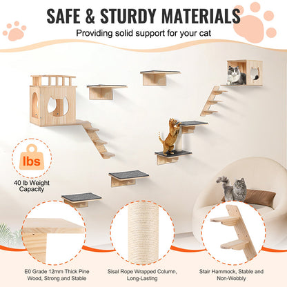 Wall Mounted Cat Shelves, Cat Wall Shelves and Perches with Jumping Boards, Cat Beds, Hammocks & Cat Tree, Cat Furniture and Shelves up to 40 lbs for Sleeping, Playing, Climbing, Set of 9