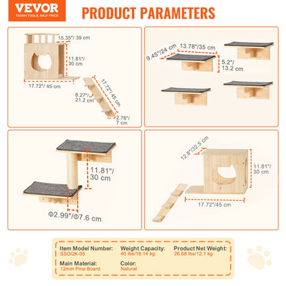 Wall Mounted Cat Shelves, Cat Wall Shelves and Perches with Jumping Boards, Cat Beds, Hammocks & Cat Tree, Cat Furniture and Shelves up to 40 lbs for Sleeping, Playing, Climbing, Set of 9