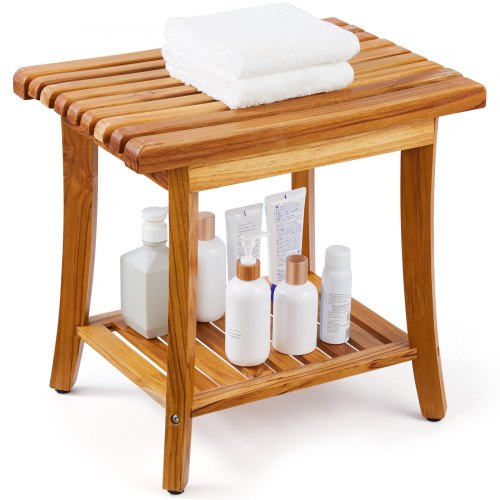 Duschbänk i teak, 20 x 14,3 x 17,9 tum, vattentät duschpall i trä med förvaringshylla, halkfria fotplattor, 180 kg maximal lastkapacitet, duschstol, för inomhus- och utomhusbruk i badrummet