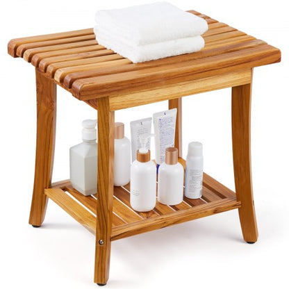 Duschbänk i teak, 20 x 14,3 x 17,9 tum, vattentät duschpall i trä med förvaringshylla, halkfria fotplattor, 180 kg maximal lastkapacitet, duschstol, för inomhus- och utomhusbruk i badrummet