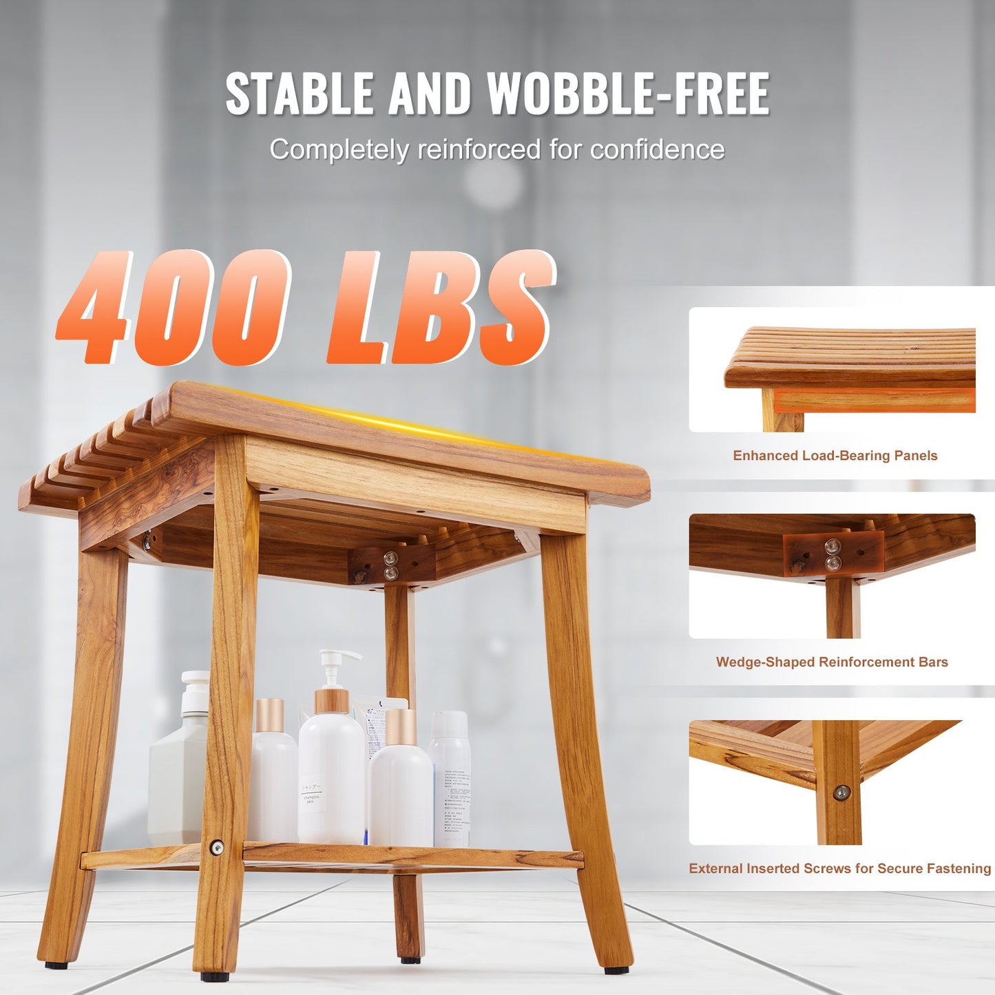 Duschbänk i teak, 20 x 14,3 x 17,9 tum, vattentät duschpall i trä med förvaringshylla, halkfria fotplattor, 180 kg maximal lastkapacitet, duschstol, för inomhus- och utomhusbruk i badrummet