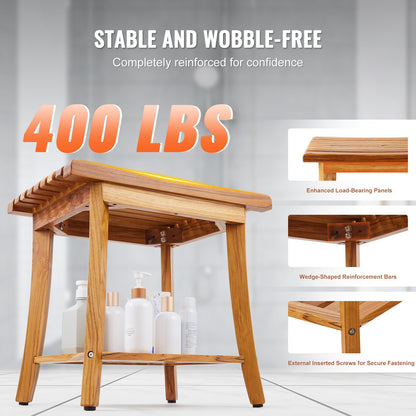 Duschbänk i teak, 20 x 14,3 x 17,9 tum, vattentät duschpall i trä med förvaringshylla, halkfria fotplattor, 180 kg maximal lastkapacitet, duschstol, för inomhus- och utomhusbruk i badrummet